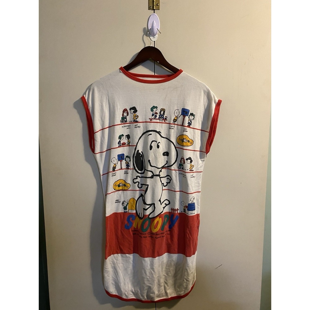Vintage 80s Snoopy Peanuts All Over Print Ringer Nightgown Shirt Dress Womens